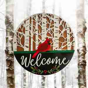 Cardinal and Birch Trees Welcome Sign